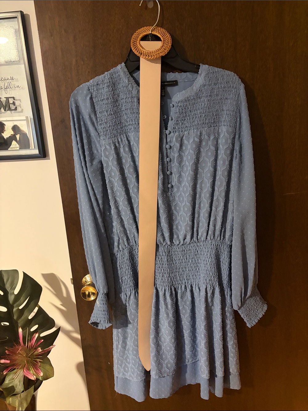 White House Black Market Dusty Blue Long Sleeve Textured Dress